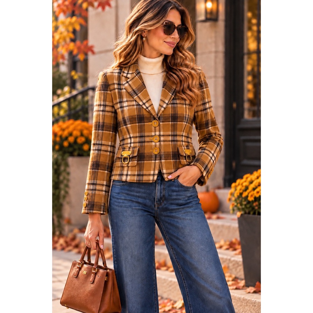 Preppy Academia 100% Wool Plaid Blazer Equestrian Old Money Fall Jacket Sz 14